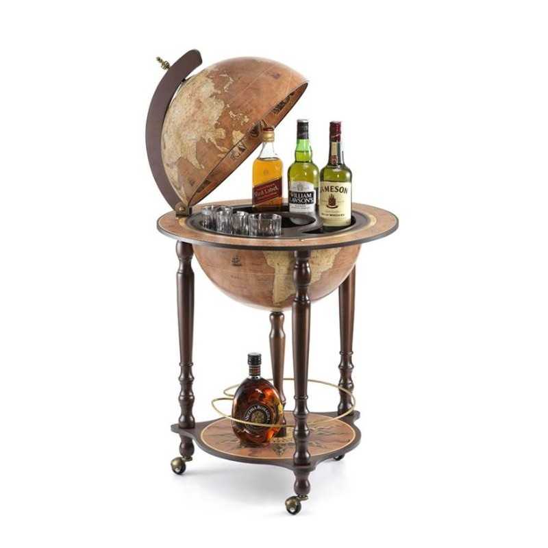 MAPPAMONDO BAR DA TERRA - ZOFFOLI - GLOBO 40 CM - DA VINCI - RUST - PLH  55X55X93 CM - 3 GAMBE CON RUOTE